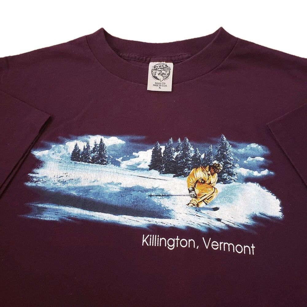 Vintage 90s Eagle USA Killington Vermont Ski XL Single Stitch Mens Plum T-Shirt